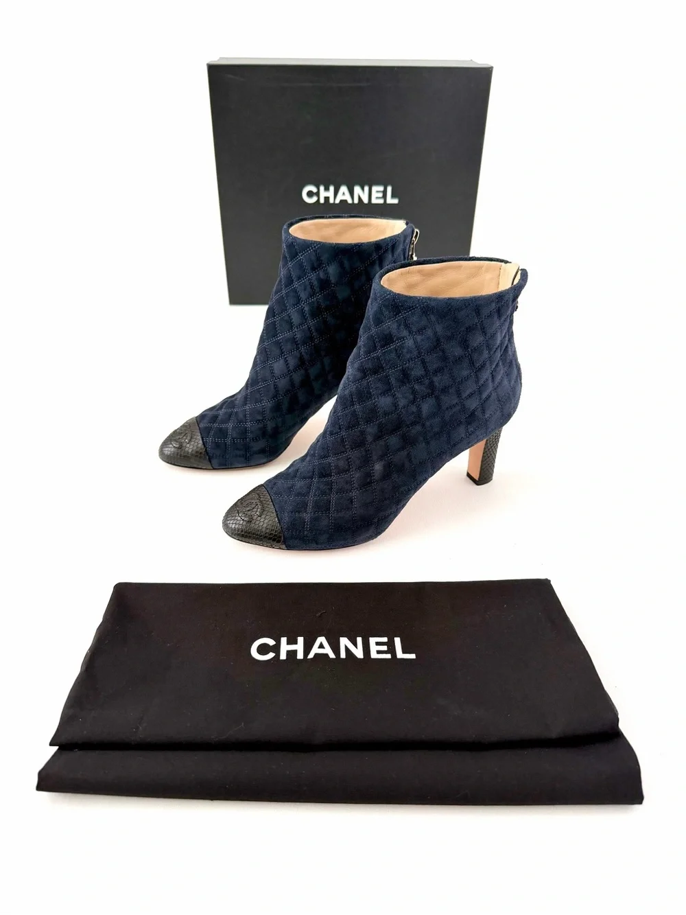 CHANEL | Quilted Suede CC Python Cap Toe Camellia Navy Black Booties EU 37.5